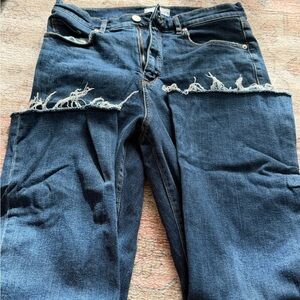 LOFT Dark Blue Straight Leg Jeans with Raw Hem Knee Cutouts